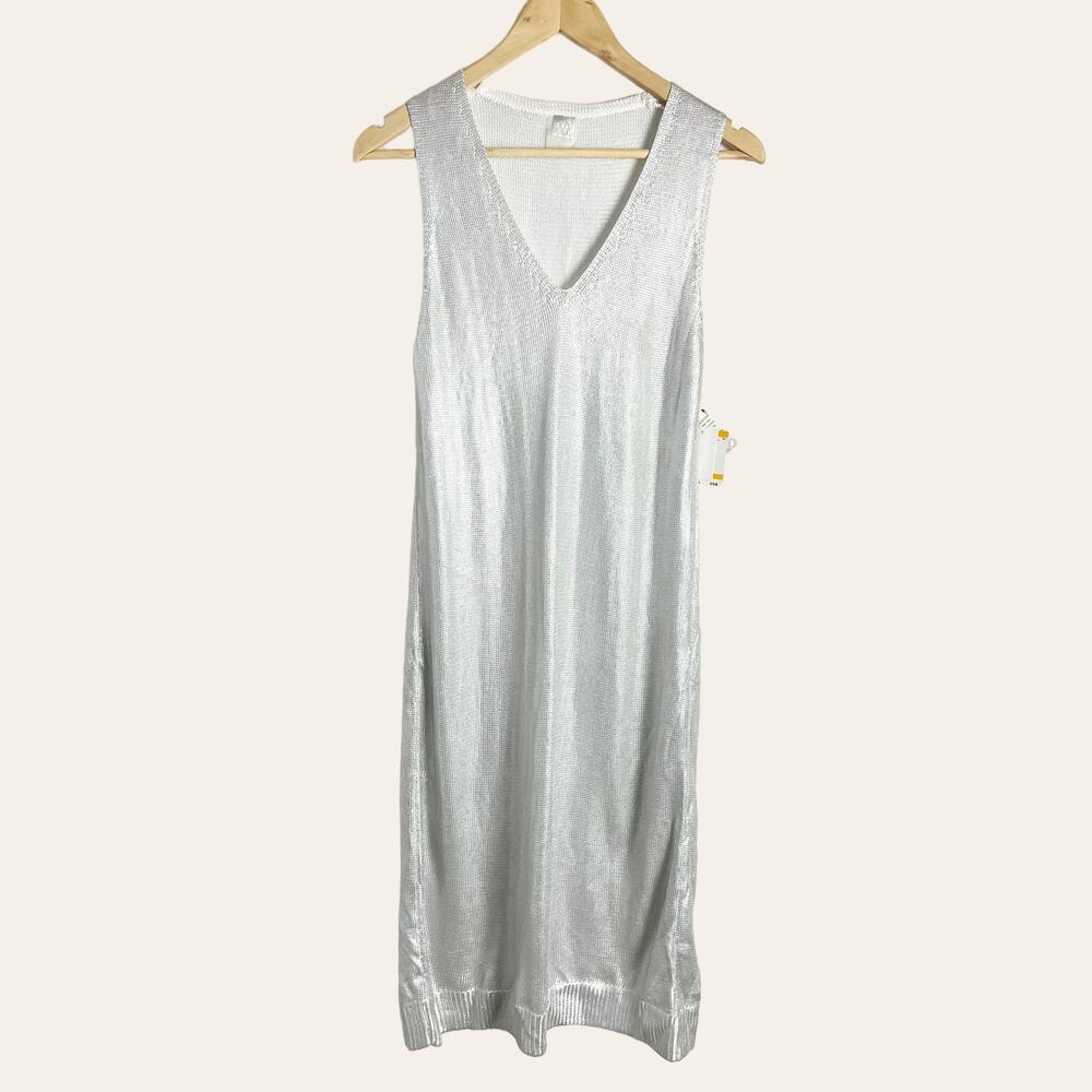 Anne Klein Silver Sleeveless V-Neck Knit Midi Dress Size Small